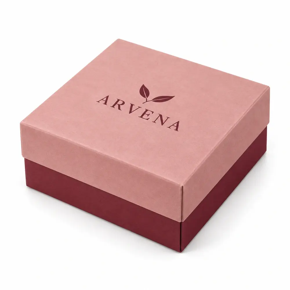 Alternate view of the dusty rose with burgundy accents folding lid & base cartons with ARVENA artwork