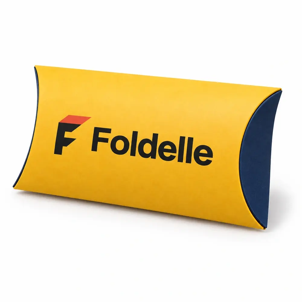 Alternate view of the saffron yellow with ink blue accents pillow packs with Foldelle artwork