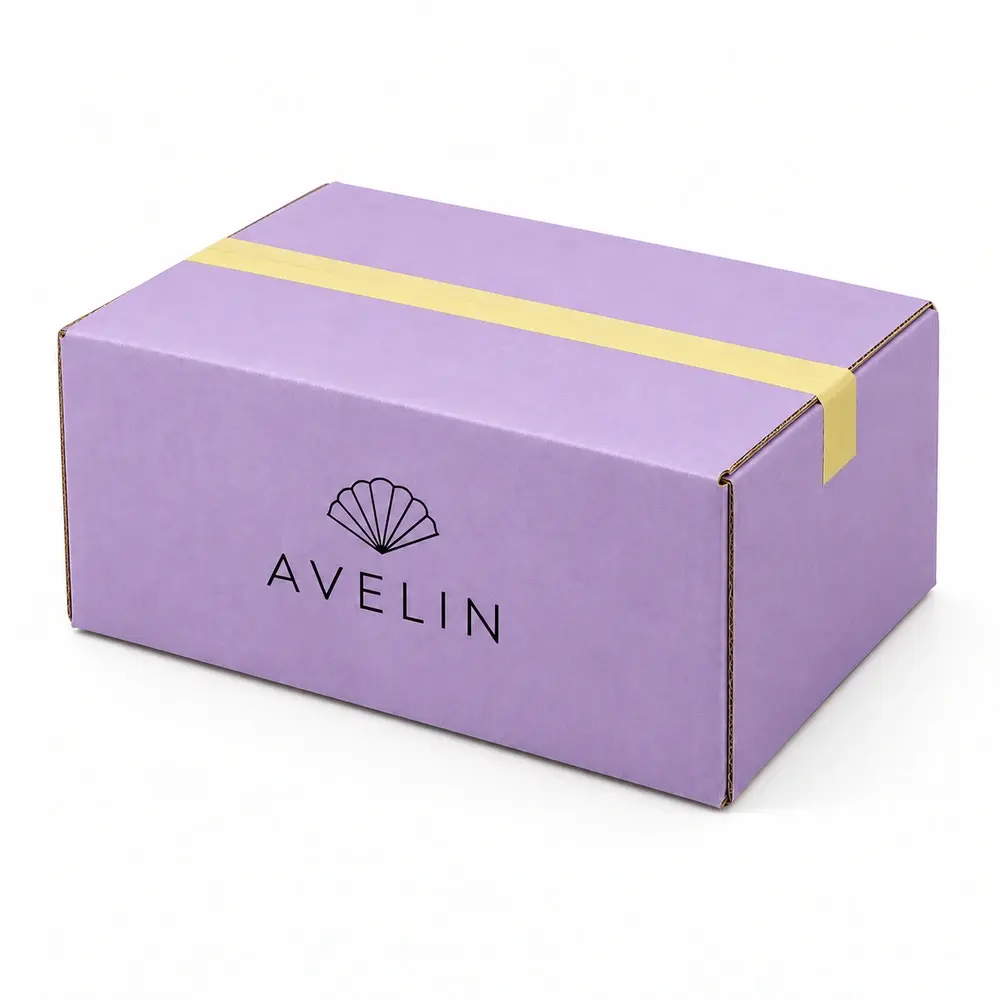 Alternate view of the lavender with lemon yellow accents regular slotted shippers with AVELIN artwork