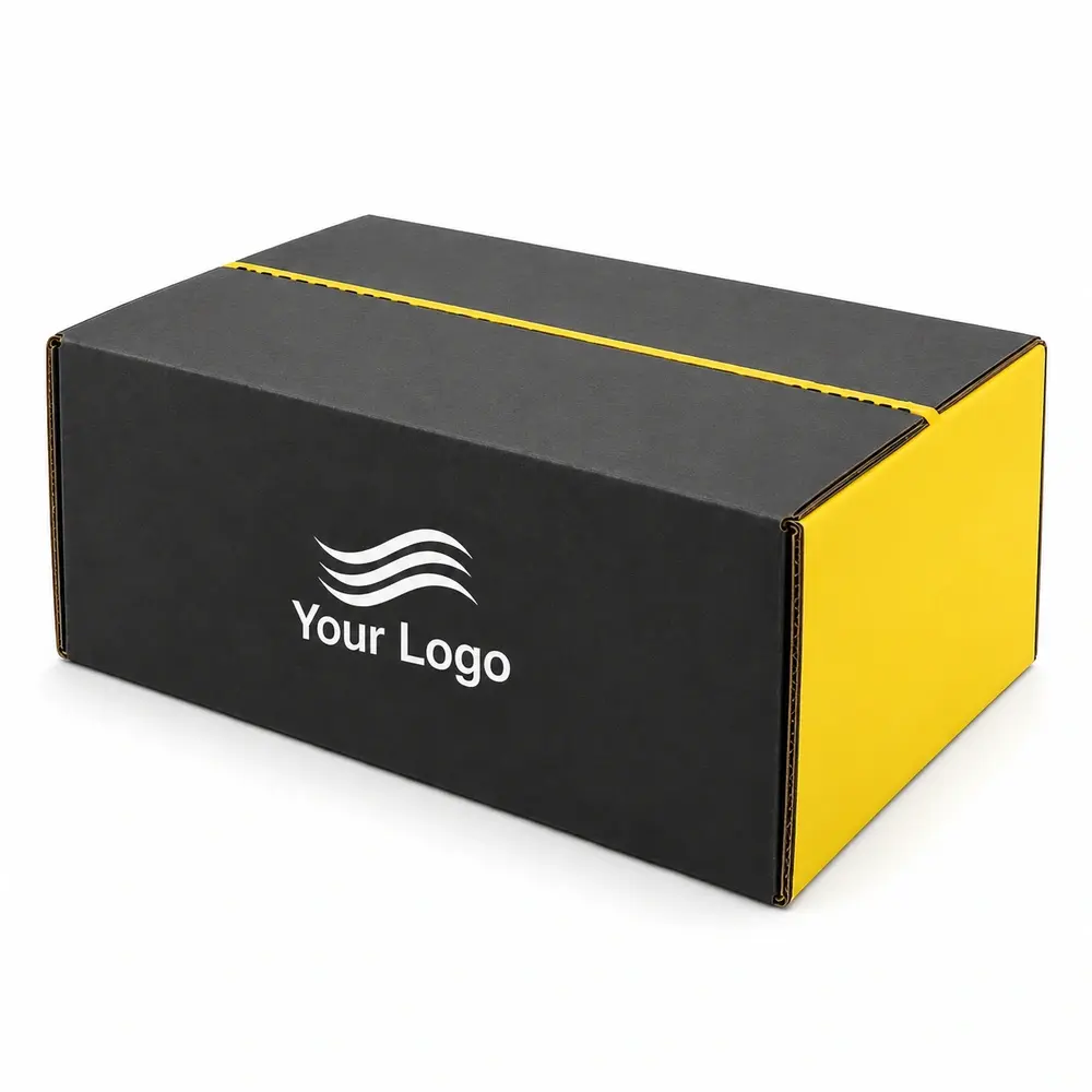 Alternate view of the charcoal with lemon yellow accents return shipping cartons with Your Logo artwork