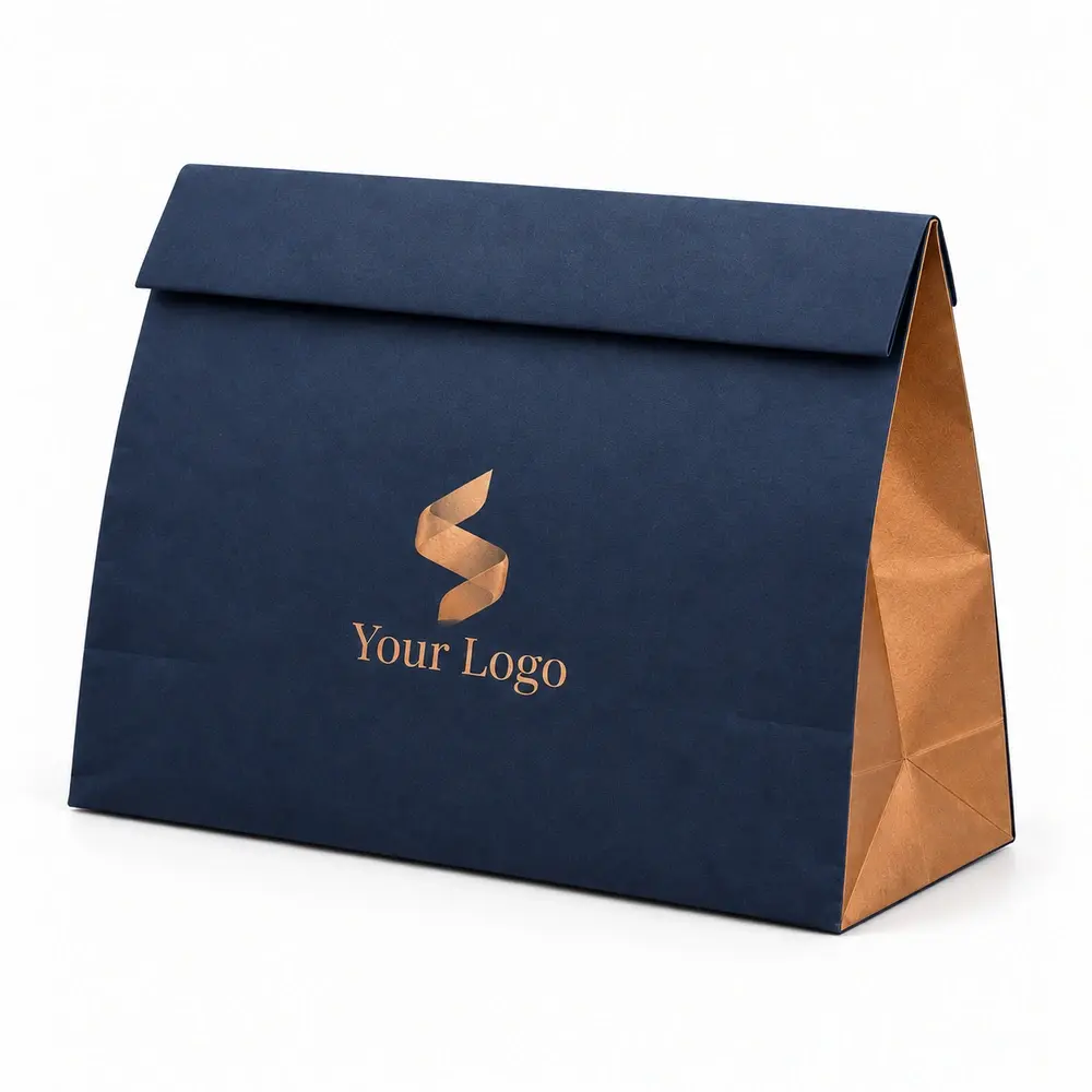 Alternate view of the navy with copper accents fold-top paper bags with Your Logo artwork