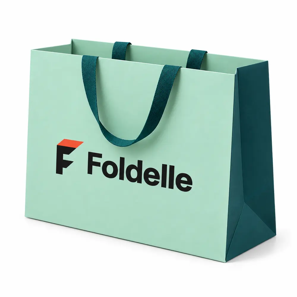 Alternate view of the seafoam with deep teal accents ribbon-handle gift bags with Foldelle artwork