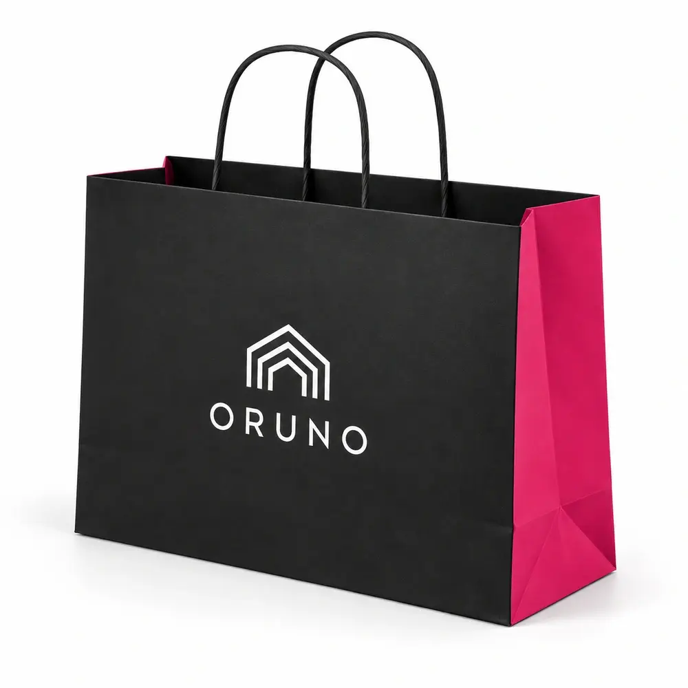 Alternate view of the black with fuchsia accents twisted-paper handle bags with ORUNO artwork