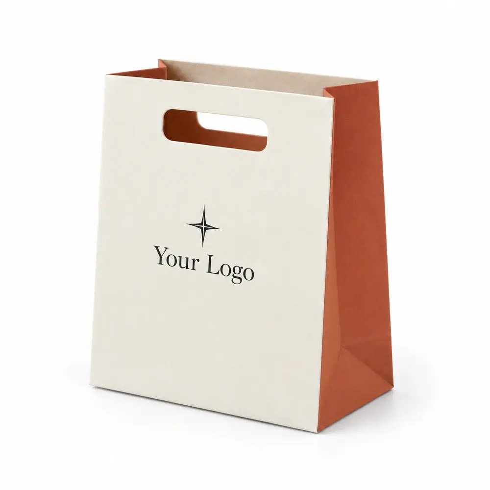 Alternate view of the ivory with terracotta accents die-cut handle bags with Your Logo artwork