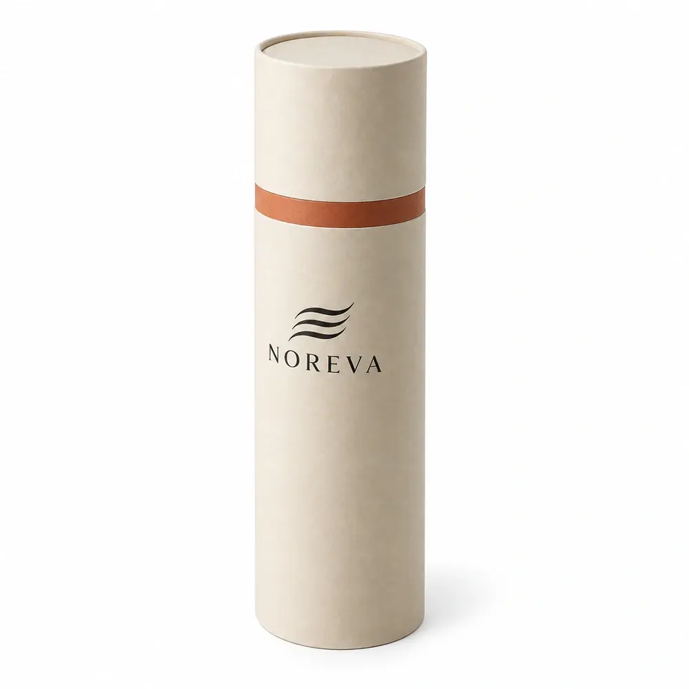 Alternate view of the ivory with terracotta accents telescopic paper tubes with NOREVA artwork