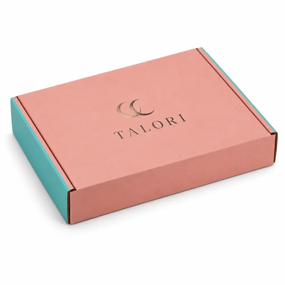 Alternate view of the salmon pink with turquoise accents side-loading mailers with TALORI artwork