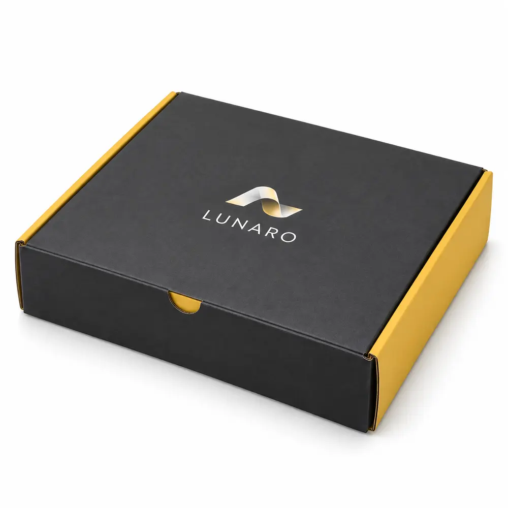 Alternate view of the charcoal with lemon yellow accents tabbed subscription mailers with LUNARO artwork