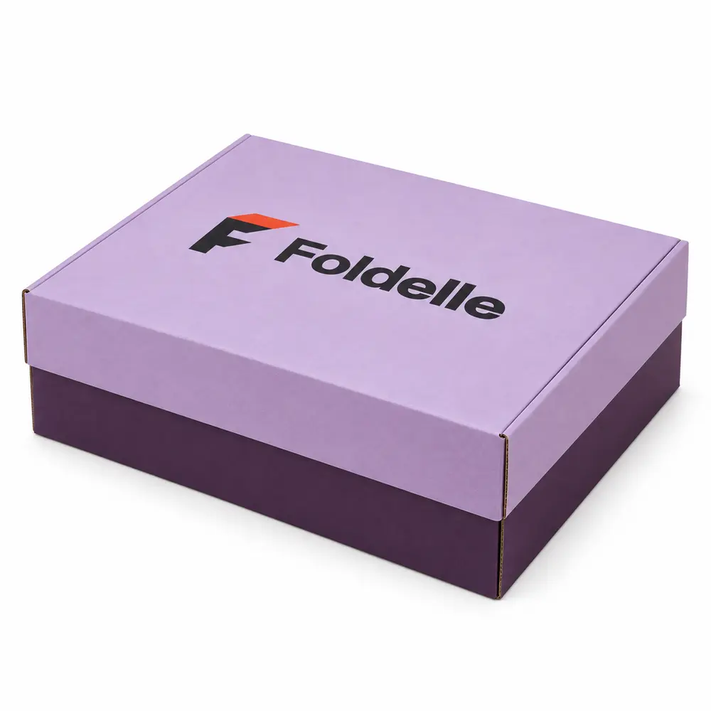 Alternate view of the powder lilac with aubergine accents two-piece postal boxes with Foldelle artwork