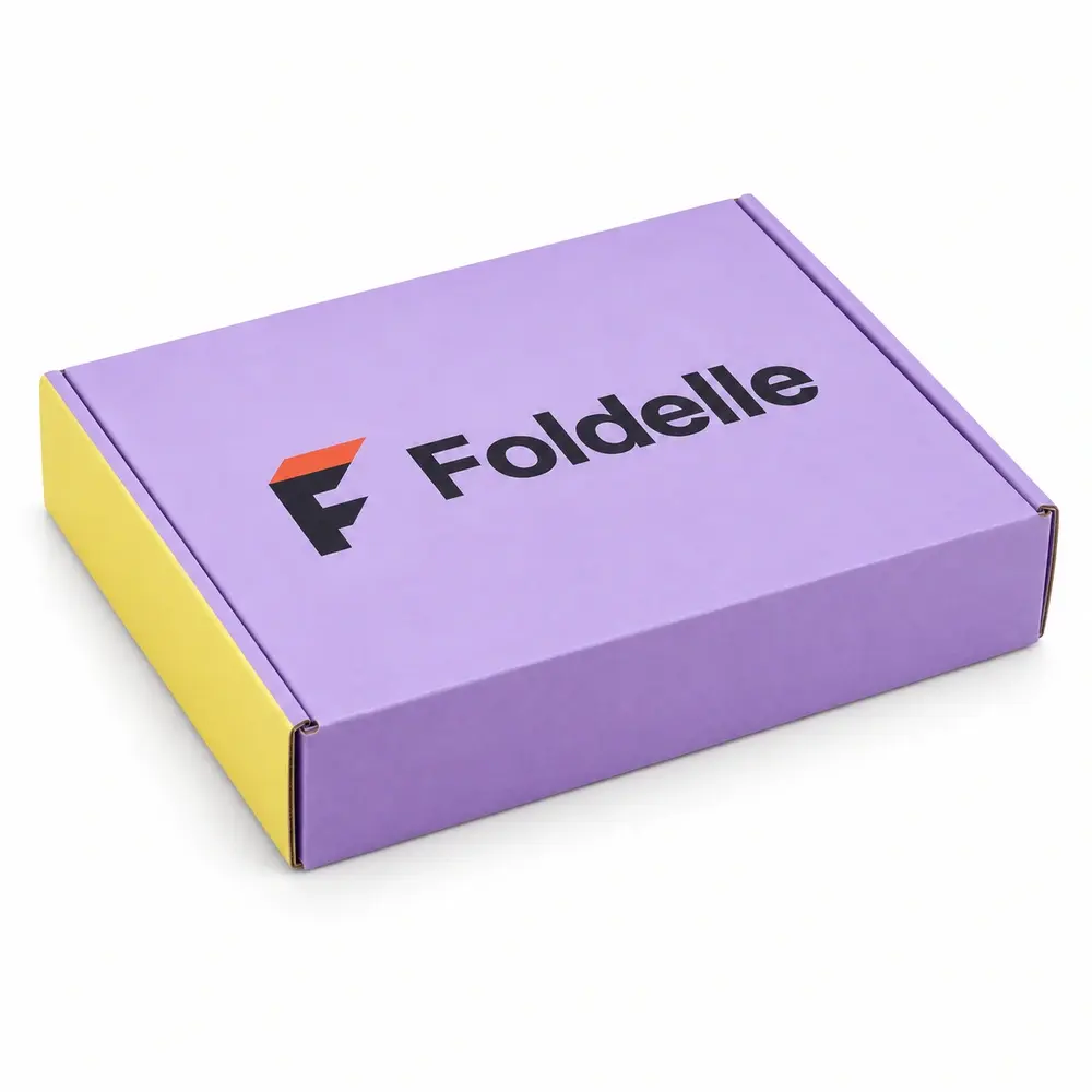 Alternate view of the lavender with lemon yellow accents wraparound mailers with Foldelle artwork