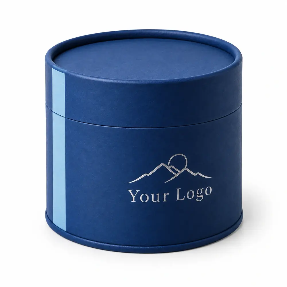 Alternate view of the cobalt blue with ice blue accents rolled-edge gift tubes with Your Logo artwork