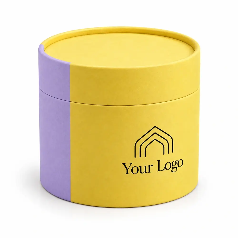 Alternate view of the lemon yellow with lilac accents two-piece paper tubes with Your Logo artwork