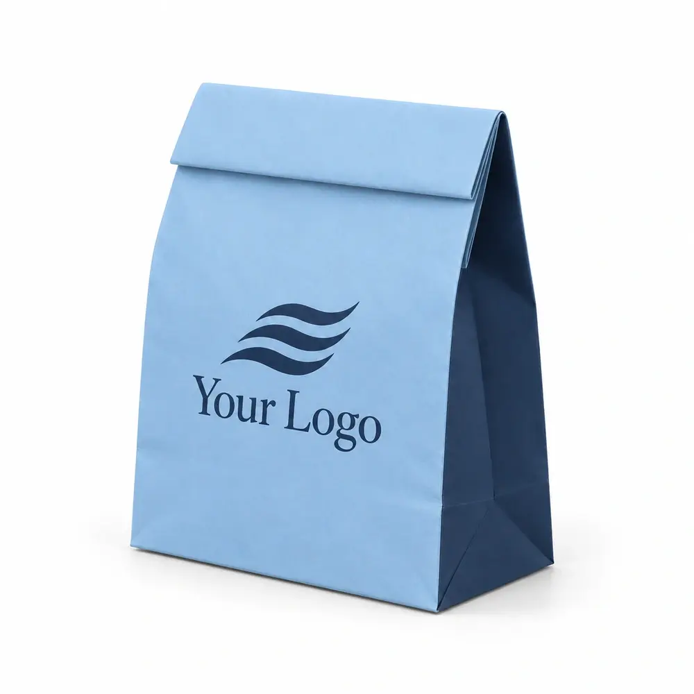 Alternate view of the sky blue with navy accents fold-top paper bags with Your Logo artwork
