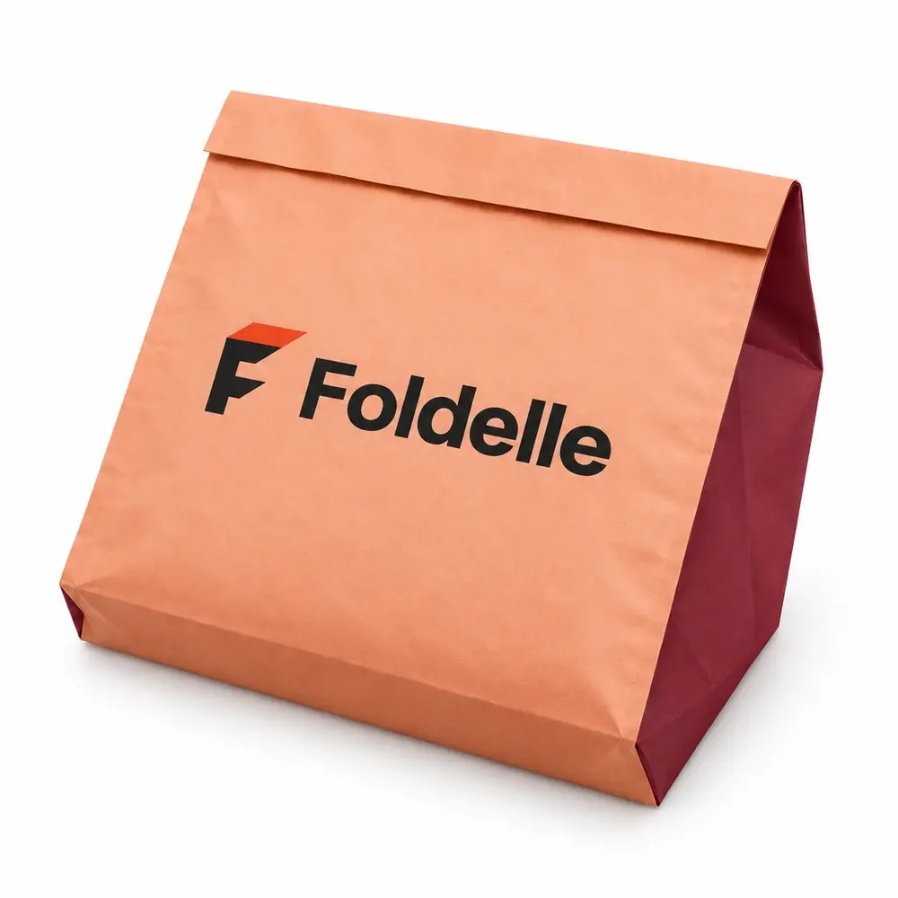 Alternate view of the peach with burgundy accents paper dispatch bags with Foldelle artwork