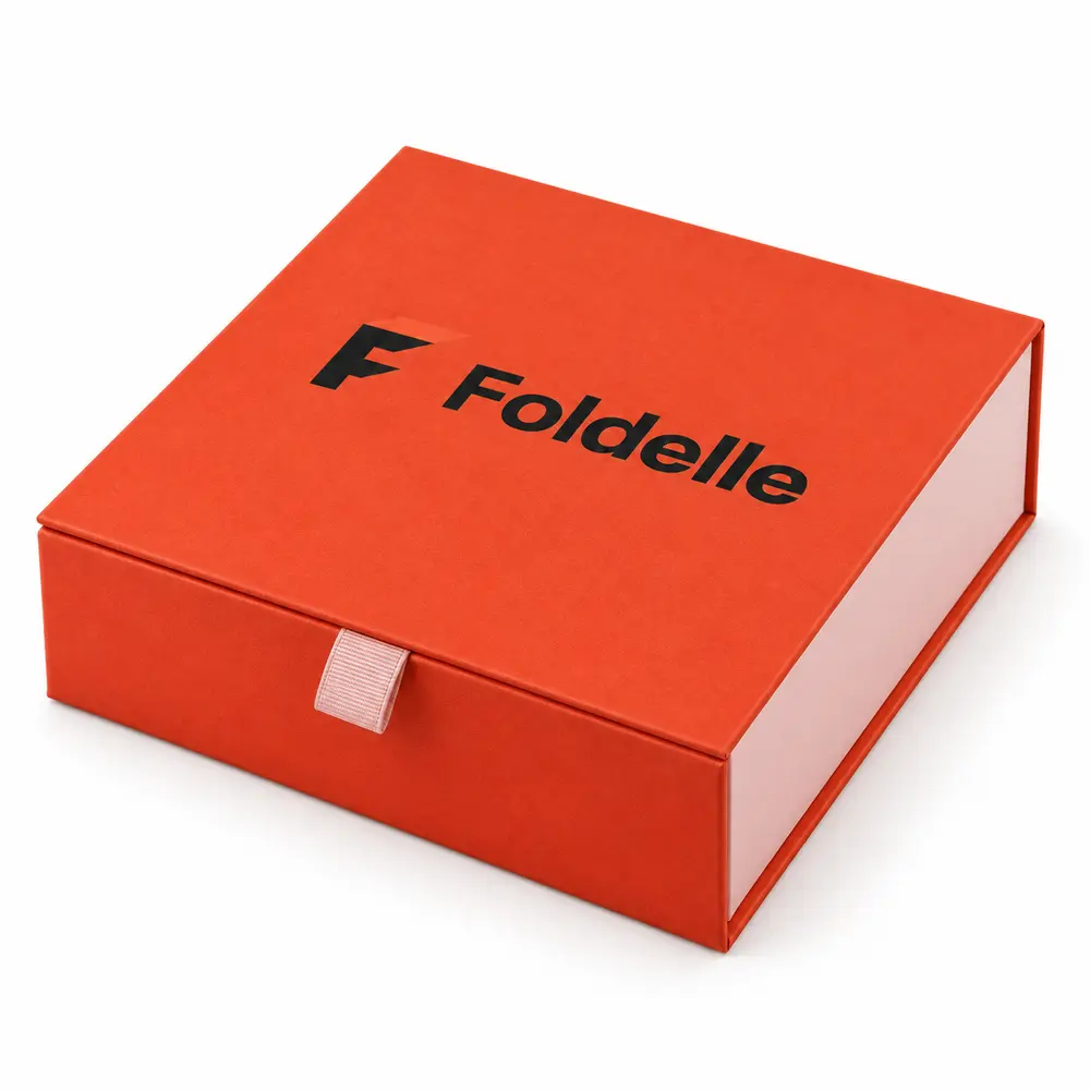 Alternate view of the vermillion with pale pink accents ribbon magnetic presentation boxes with Foldelle artwork