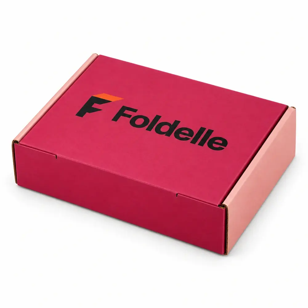 Alternate view of the raspberry with blush accents roll-end mailer boxes with Foldelle artwork