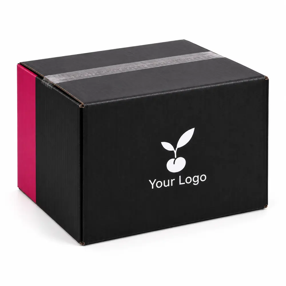 Alternate view of the black with fuchsia accents divided transit cartons with Your Logo artwork