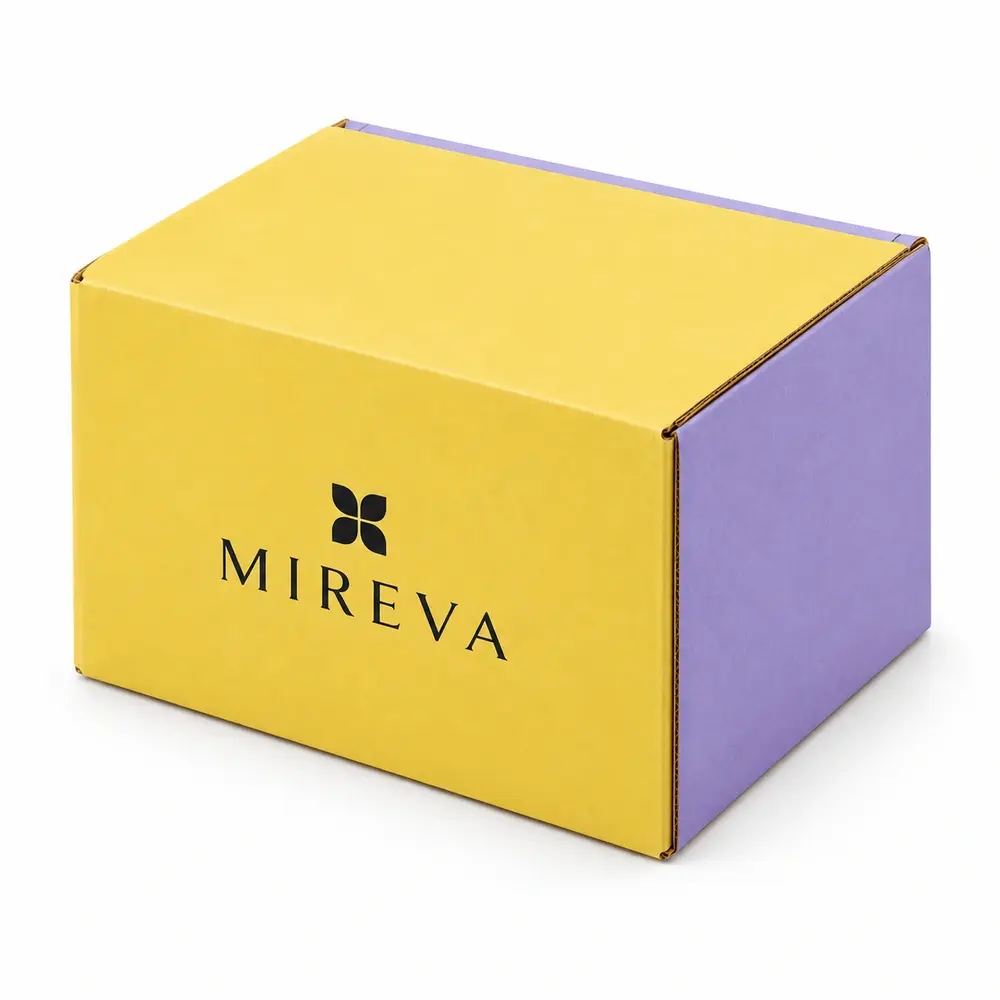 Alternate view of the lemon yellow with lilac accents full-overlap shippers with MIREVA artwork