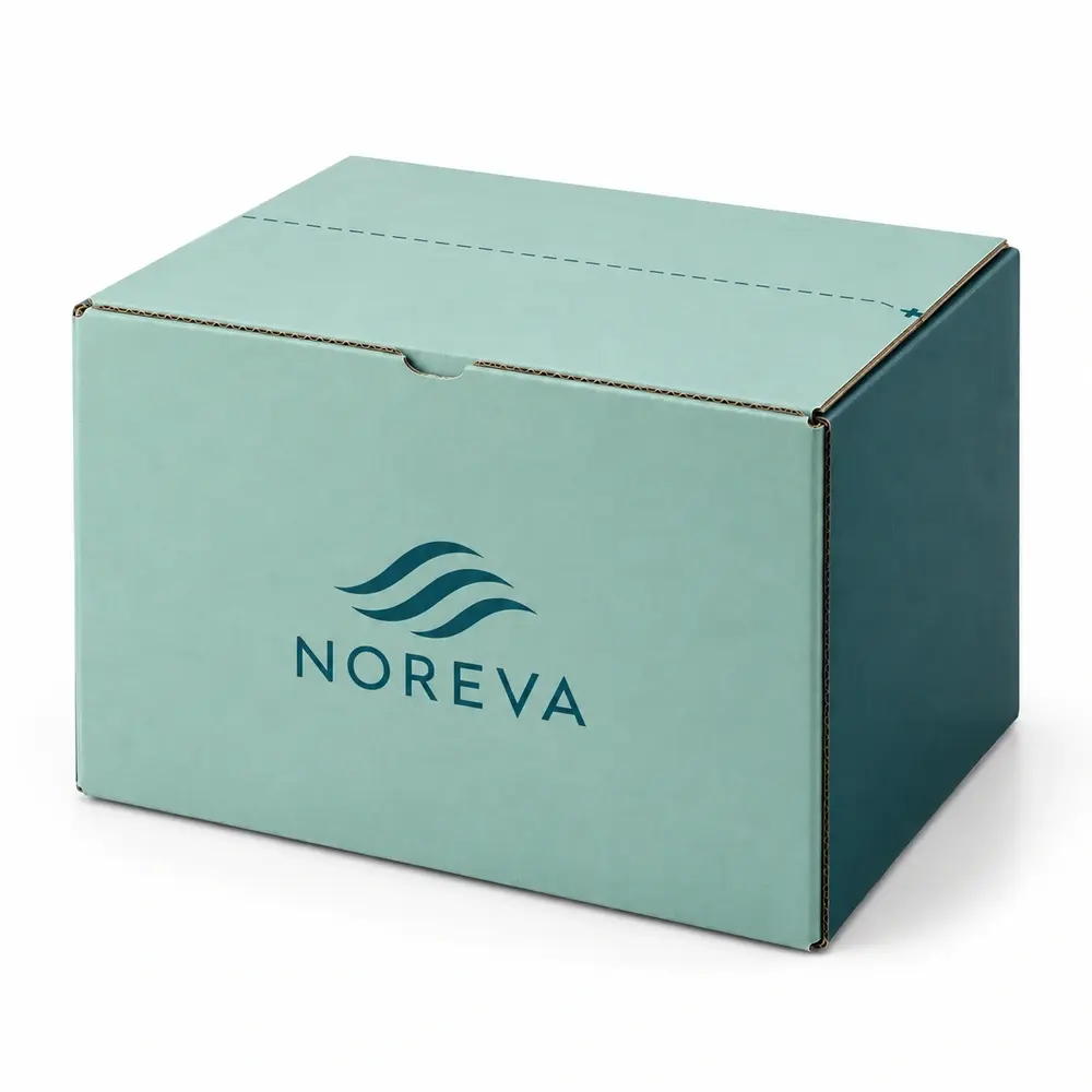 Alternate view of the seafoam with deep teal accents return shipping cartons with NOREVA artwork