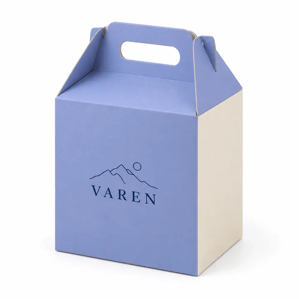 Alternate view of the periwinkle with ivory accents gable gift cartons with VAREN artwork
