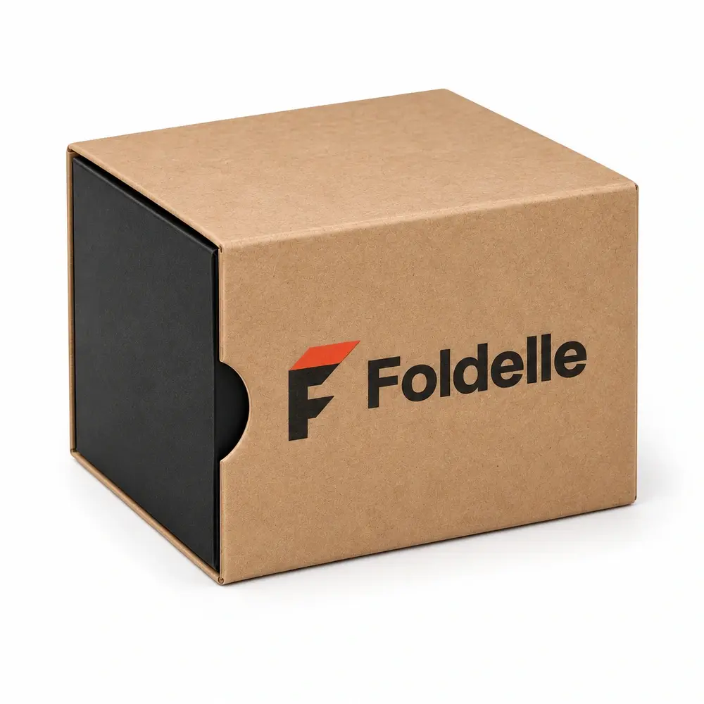 Alternate view of the warm kraft brown with black accents sleeve & tray cartons with Foldelle artwork