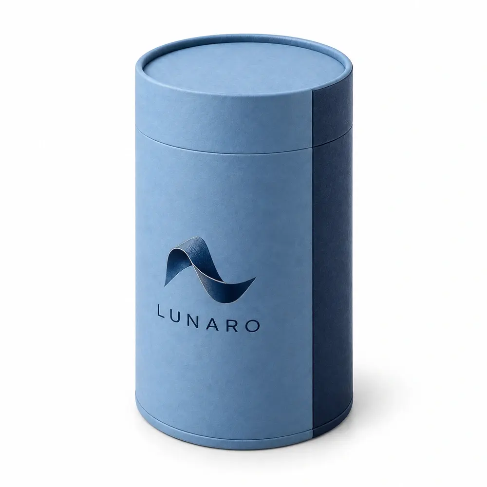 Alternate view of the sky blue with navy accents paper end-cap tubes with LUNARO artwork