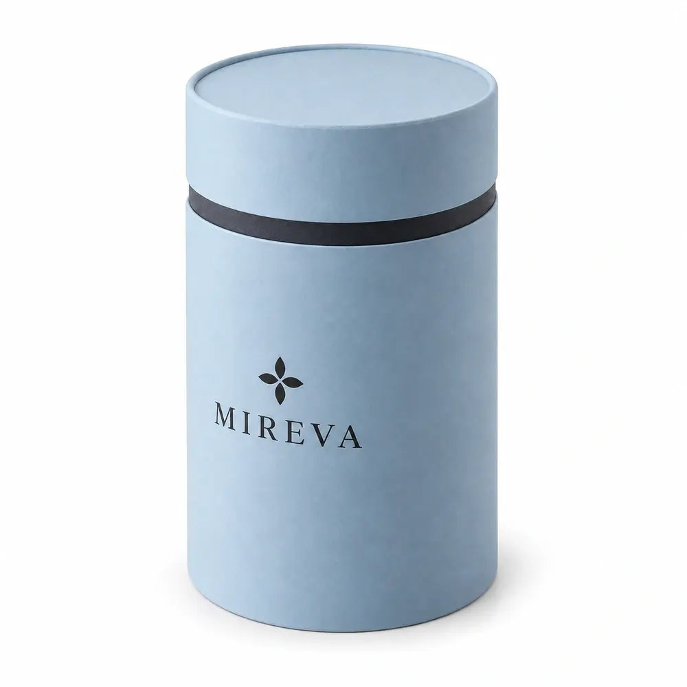 Alternate view of the glacier blue with charcoal accents shoulder paper tubes with MIREVA artwork