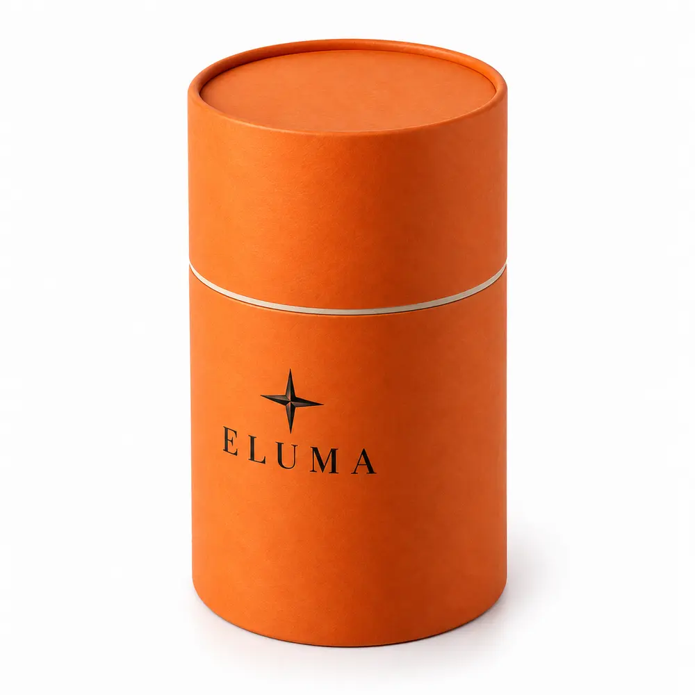 Alternate view of the tangerine with cream accents telescopic paper tubes with ELUMA artwork