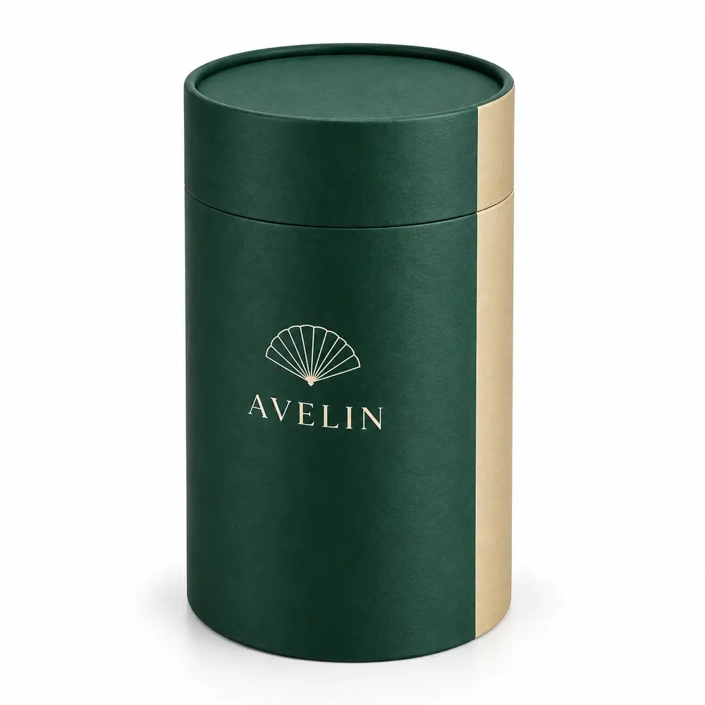 Alternate view of the emerald with champagne accents two-piece paper tubes with AVELIN artwork