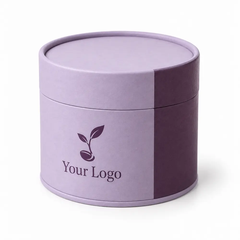 Alternate view of the powder lilac with aubergine accents rolled-edge gift tubes with Your Logo artwork