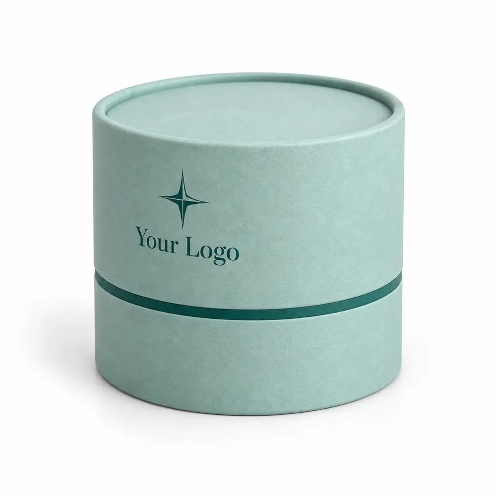Alternate view of the seafoam with deep teal accents telescopic paper tubes with Your Logo artwork