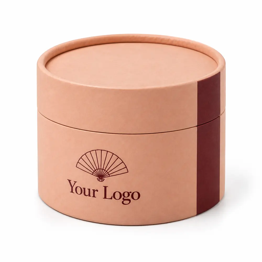 Alternate view of the peach with burgundy accents two-piece paper tubes with Your Logo artwork