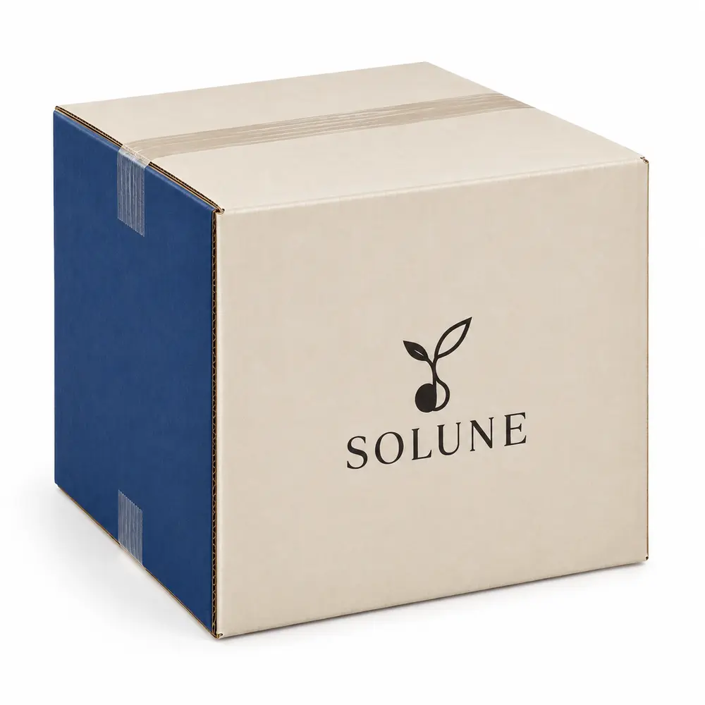 Alternate view of the cream with royal blue accents divided transit cartons with SOLUNE artwork