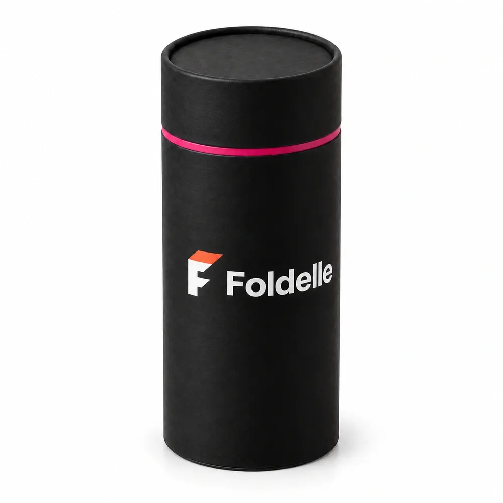 Alternate view of the black with fuchsia accents shoulder paper tubes with Foldelle artwork