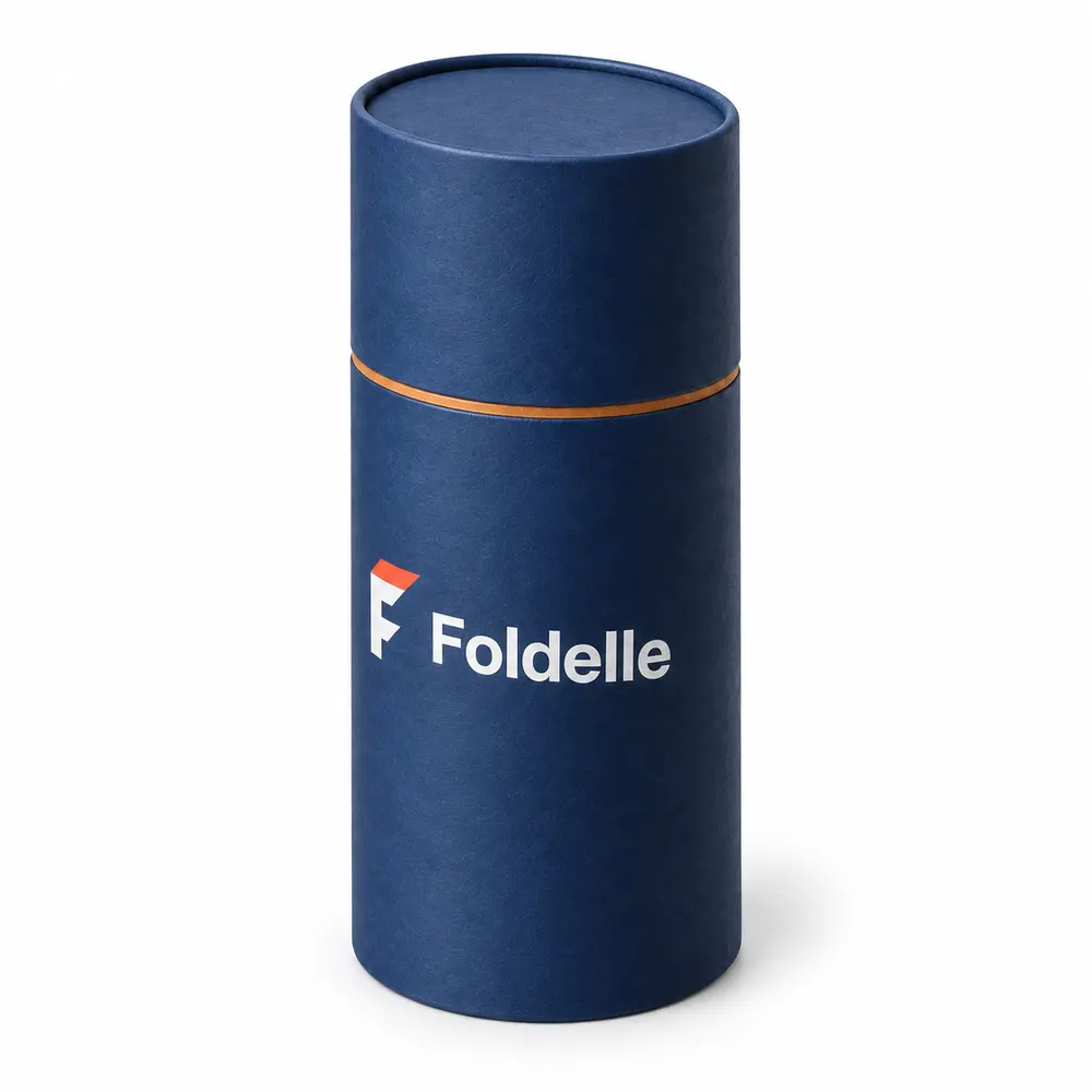 Alternate view of the denim blue with ochre accents telescopic paper tubes with Foldelle artwork