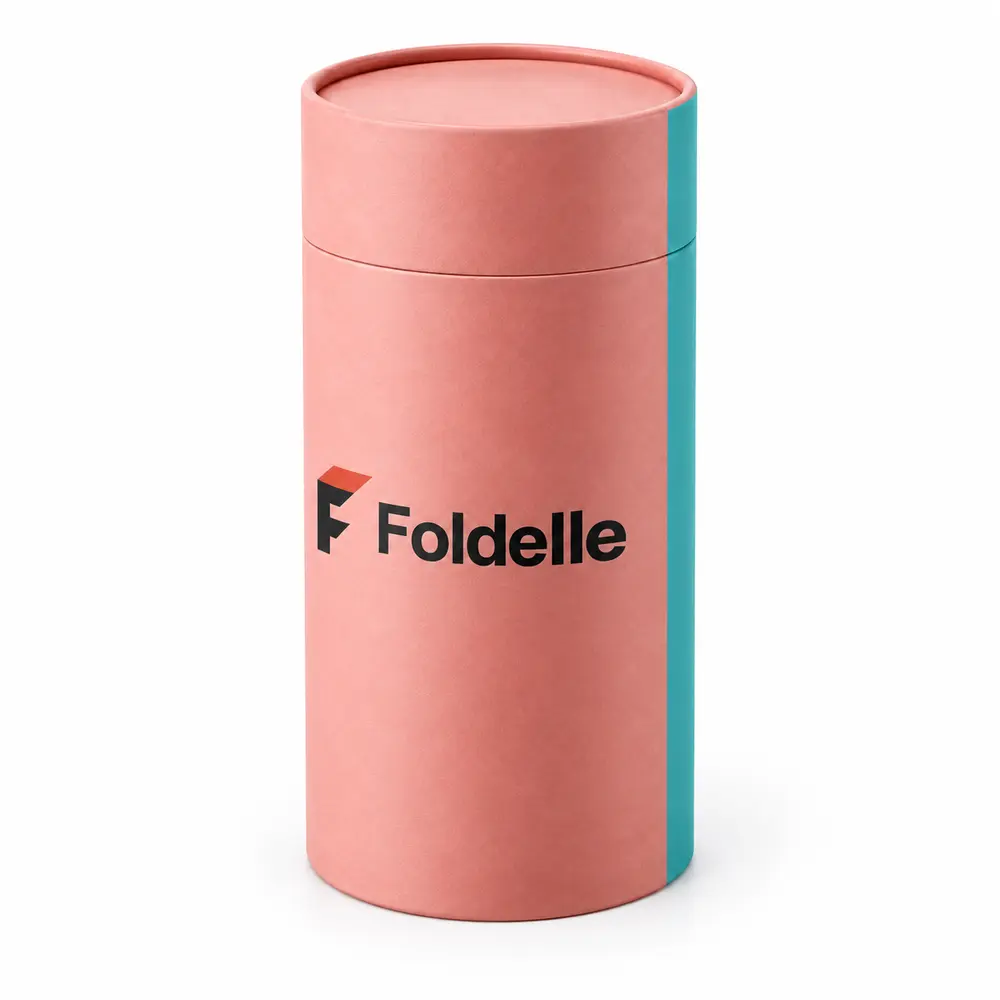 Alternate view of the salmon pink with turquoise accents two-piece paper tubes with Foldelle artwork