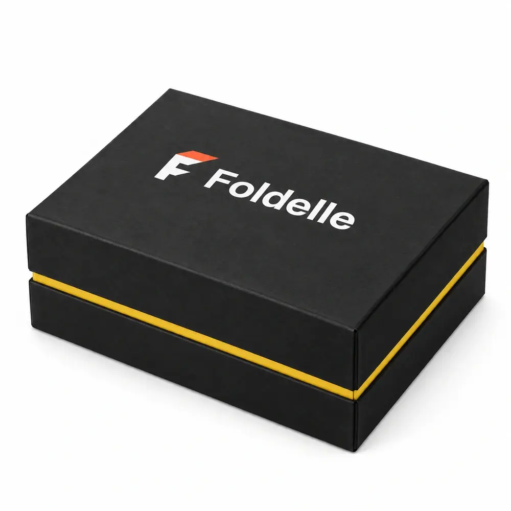 Alternate view of the charcoal with lemon yellow accents folding lid & base cartons with Foldelle artwork