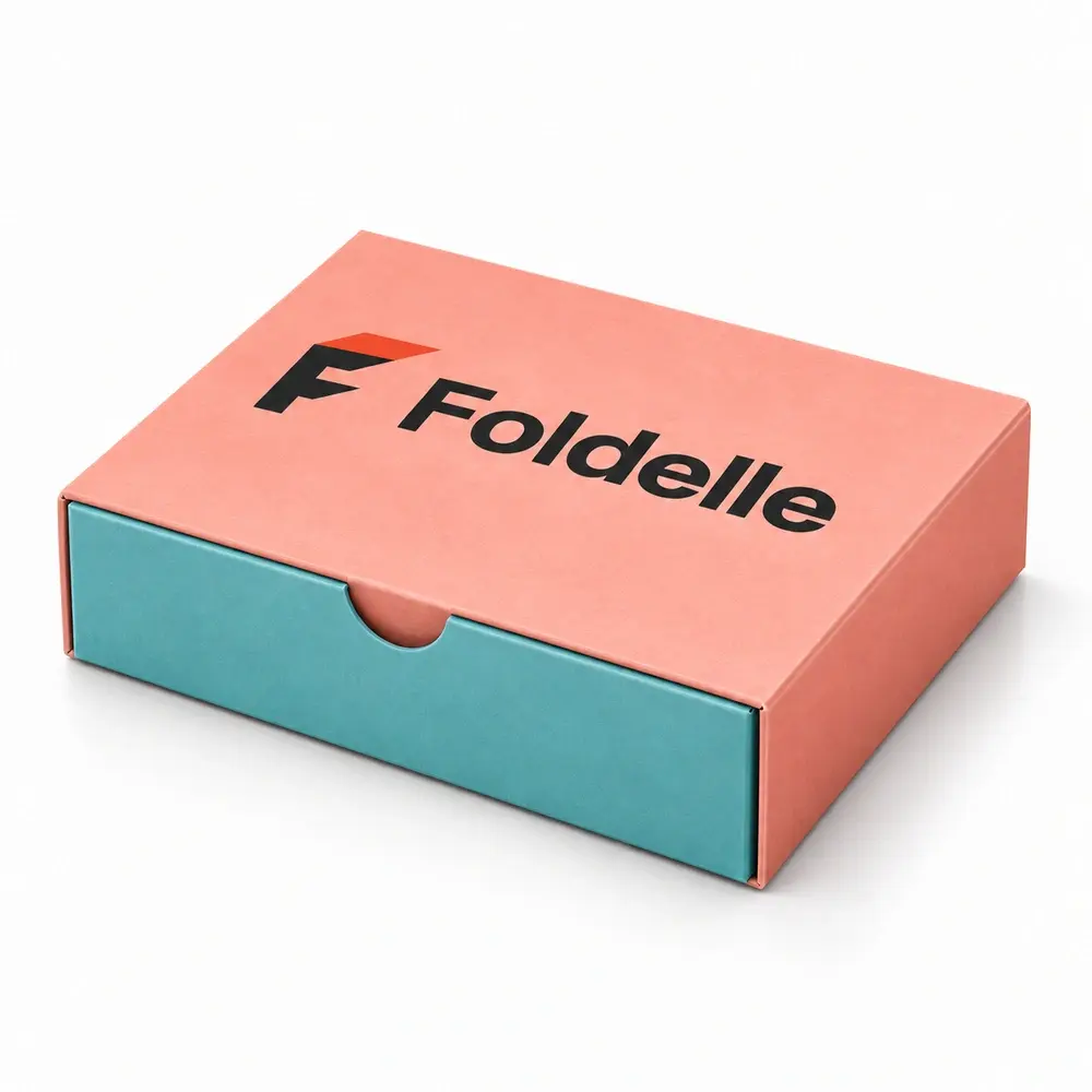 Alternate view of the salmon pink with turquoise accents sleeve & tray cartons with Foldelle artwork
