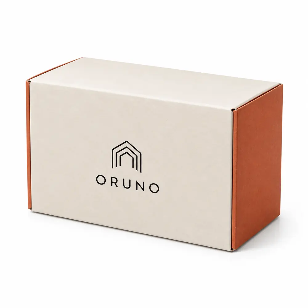 Alternate view of the ivory with terracotta accents straight tuck cartons with ORUNO artwork
